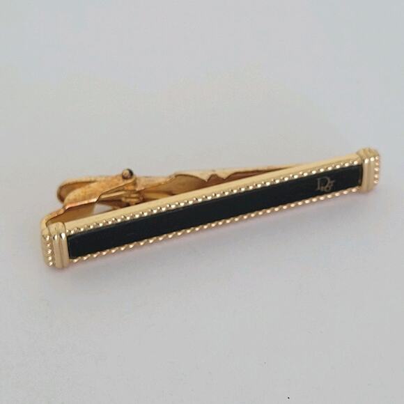 Christian Dior Tie Bar Clip Clasp Gold Black Tone Logo Vintage Designer Germany - Picture 1 of 6